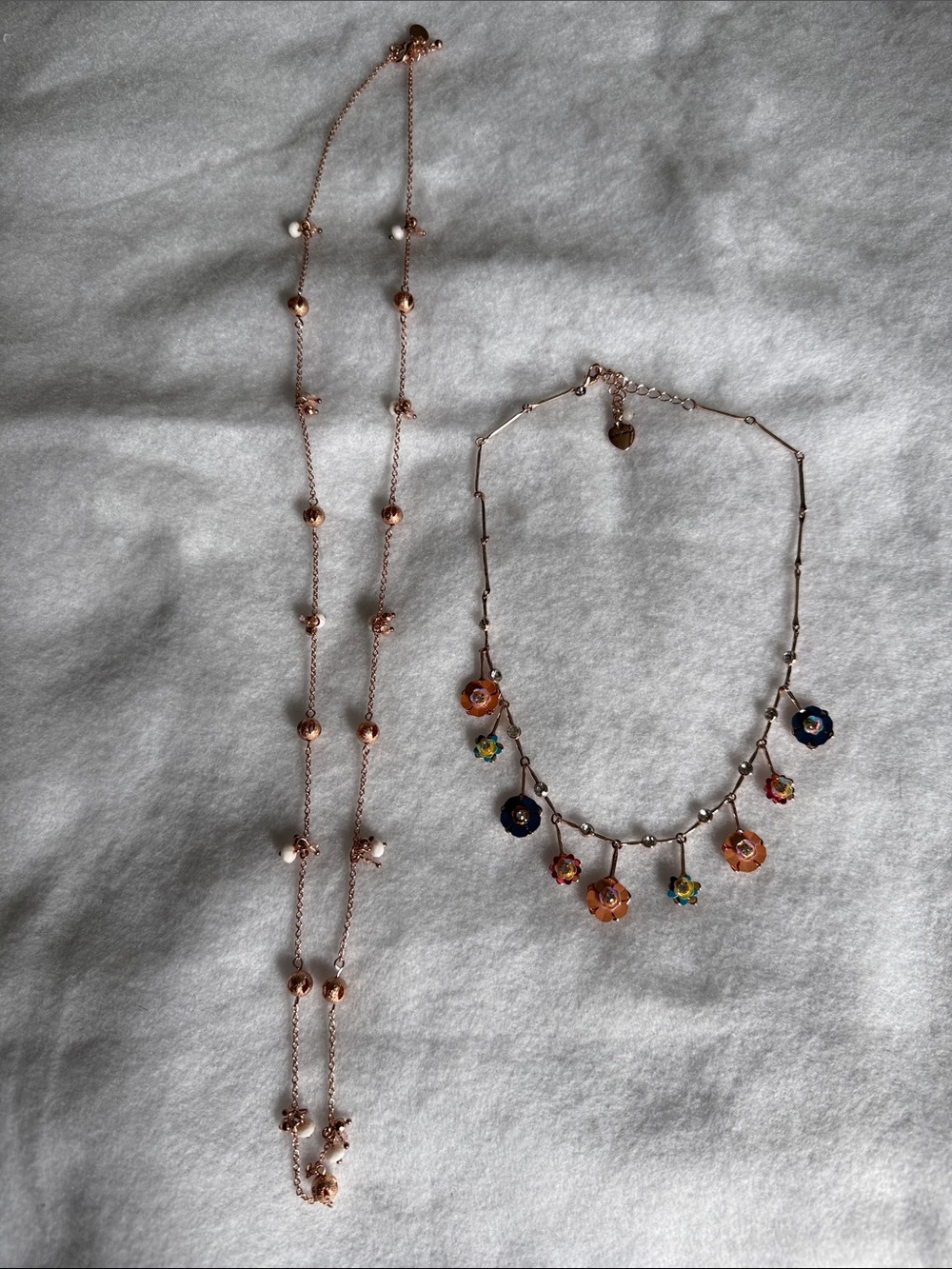 2 Necklaces: Rose Gold Beaded Long Necklace and Floral Charm Necklace Set